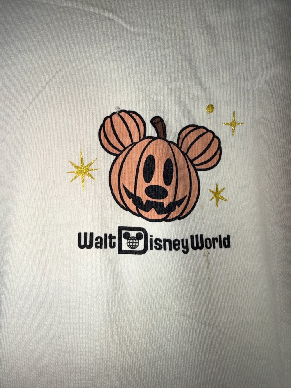 Disney White Tee with Pumpkin Mickey and Gold Star Accents